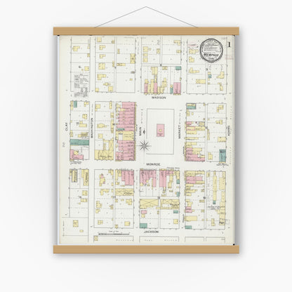 Old map wall art mockup — magnetic wood frame on white wall — Sanborn Fire Insurance Map from Memphis, Scotland County, Missouri (1893) - Complete Map Set