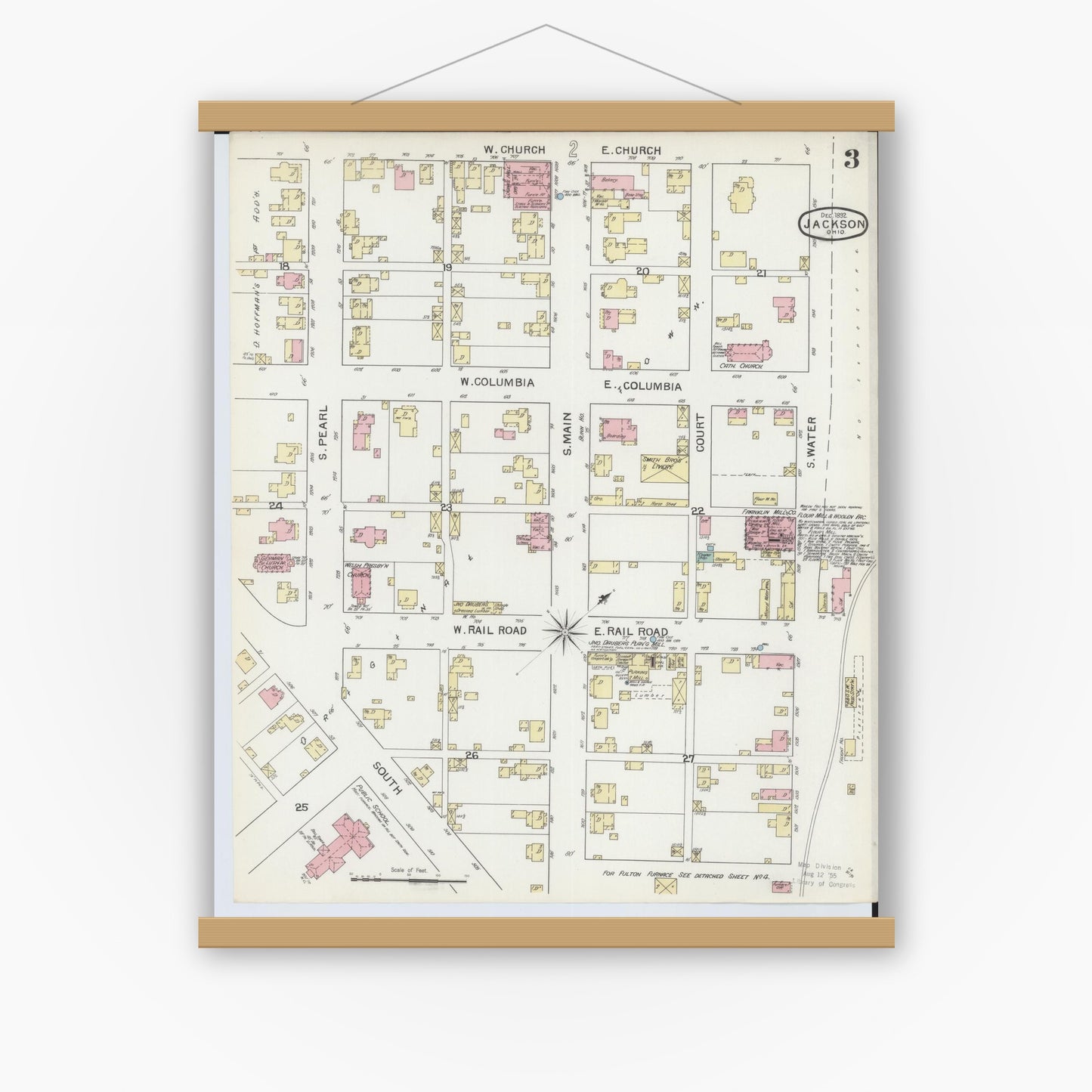 Old map wall art mockup — magnetic wood frame on white wall — Sanborn Fire Insurance Map from Jackson, Jackson County, Ohio (1892), Sheet #0003