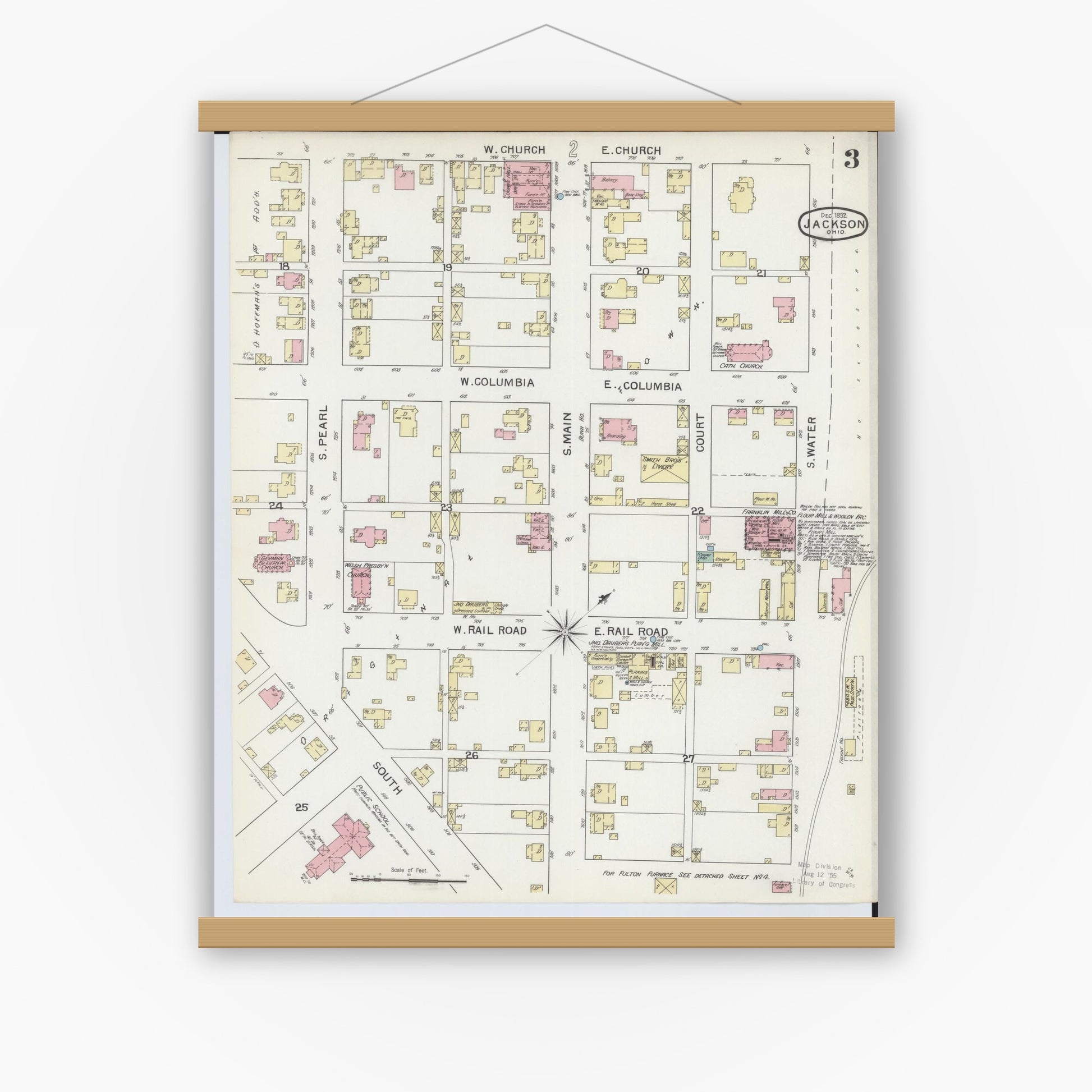 Old map wall art mockup — magnetic wood frame on white wall — Sanborn Fire Insurance Map from Jackson, Jackson County, Ohio (1892), Sheet #0003