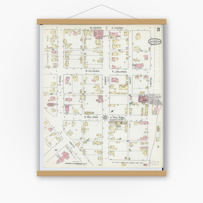 Old map wall art mockup — magnetic wood frame on white wall — Sanborn Fire Insurance Map from Jackson, Jackson County, Ohio (1892), Sheet #0003