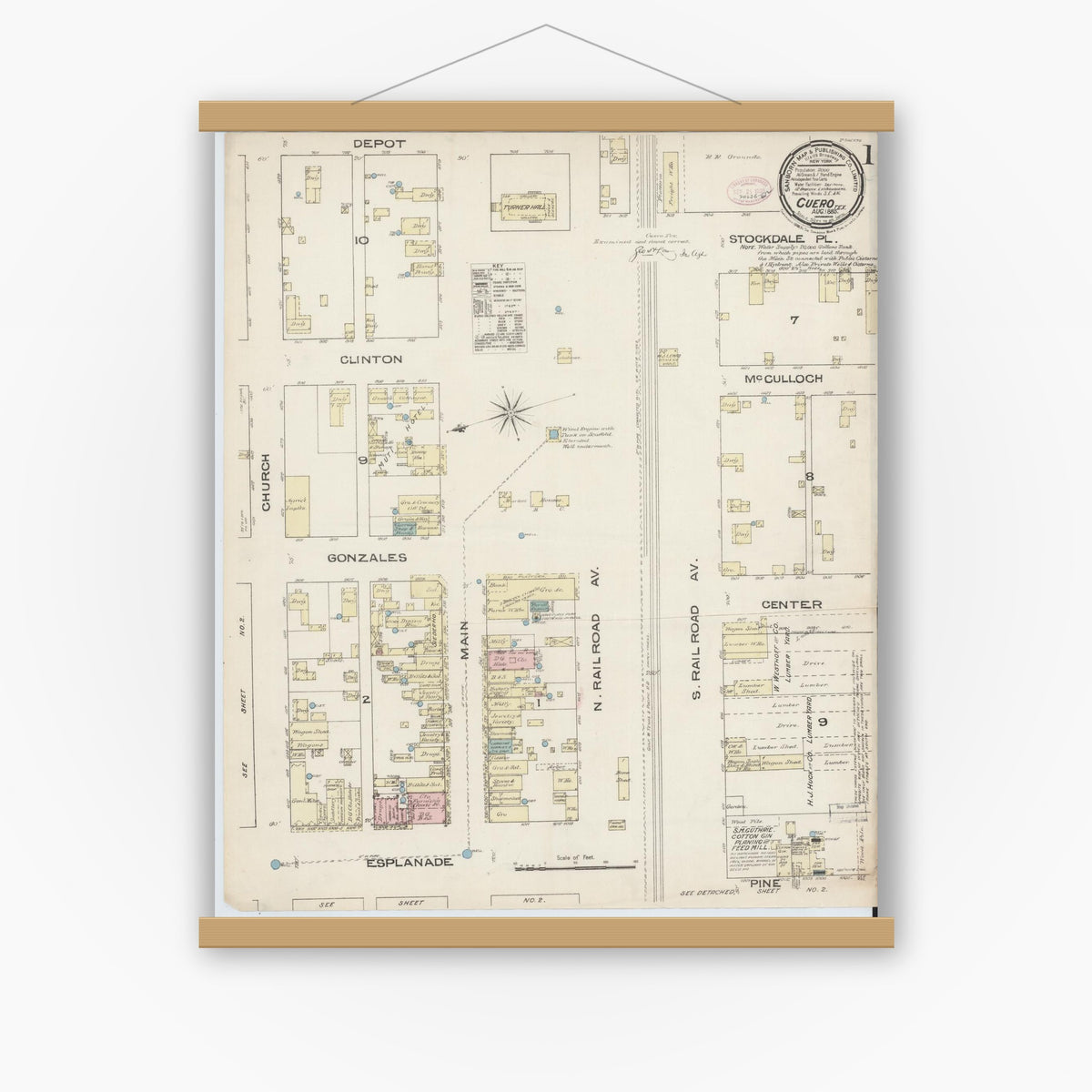 Old map wall art mockup — magnetic wood frame on white wall — Sanborn Fire Insurance Map from Cuero, De Witt County, Texas (1885) - Complete Map Set