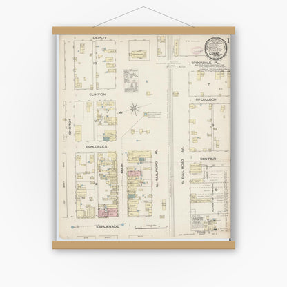 Old map wall art mockup — magnetic wood frame on white wall — Sanborn Fire Insurance Map from Cuero, De Witt County, Texas (1885) - Complete Map Set