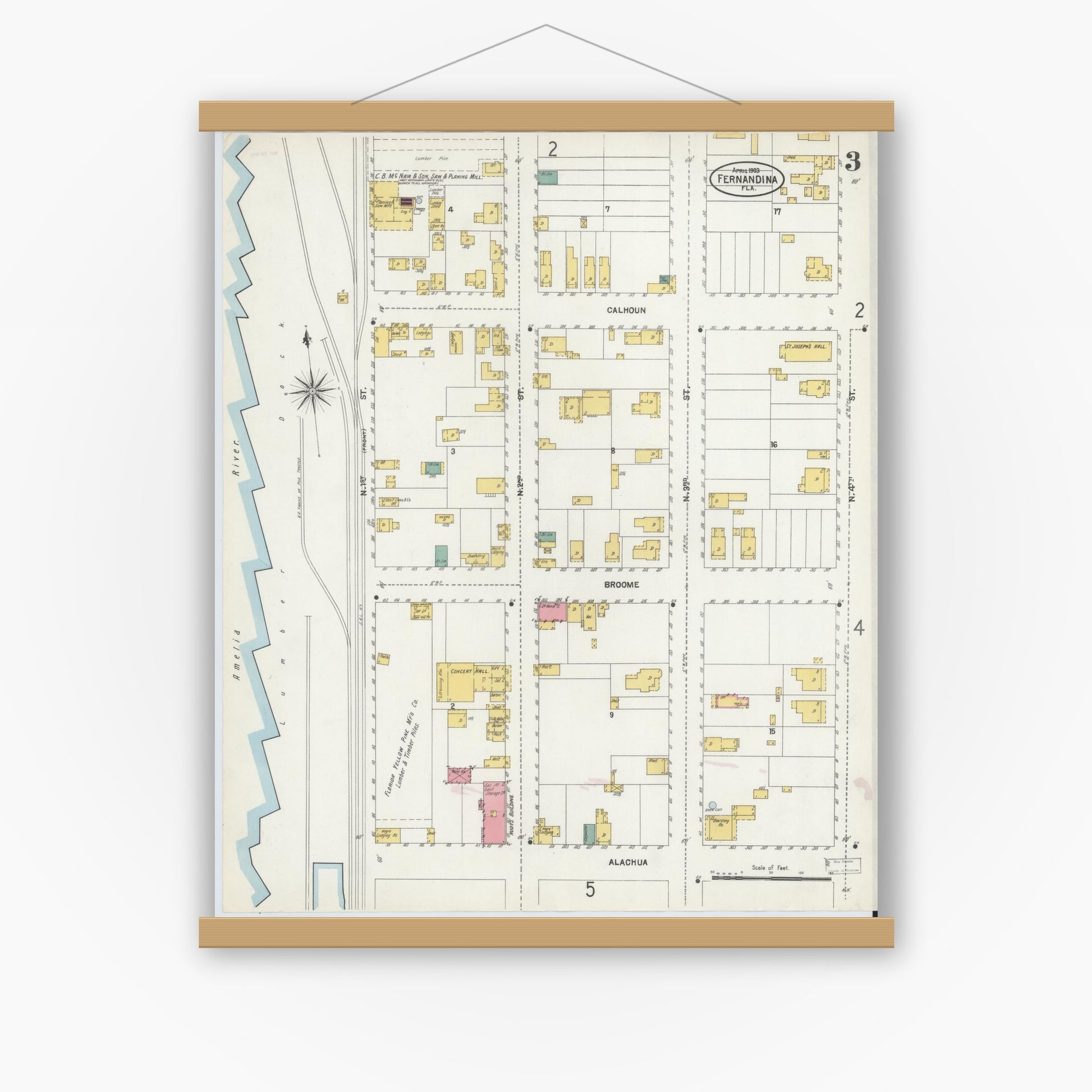 Old map wall art mockup — magnetic wood frame on white wall — Sanborn Fire Insurance Map from Fernandina, Nassau County, Florida (1903), Sheet #0003