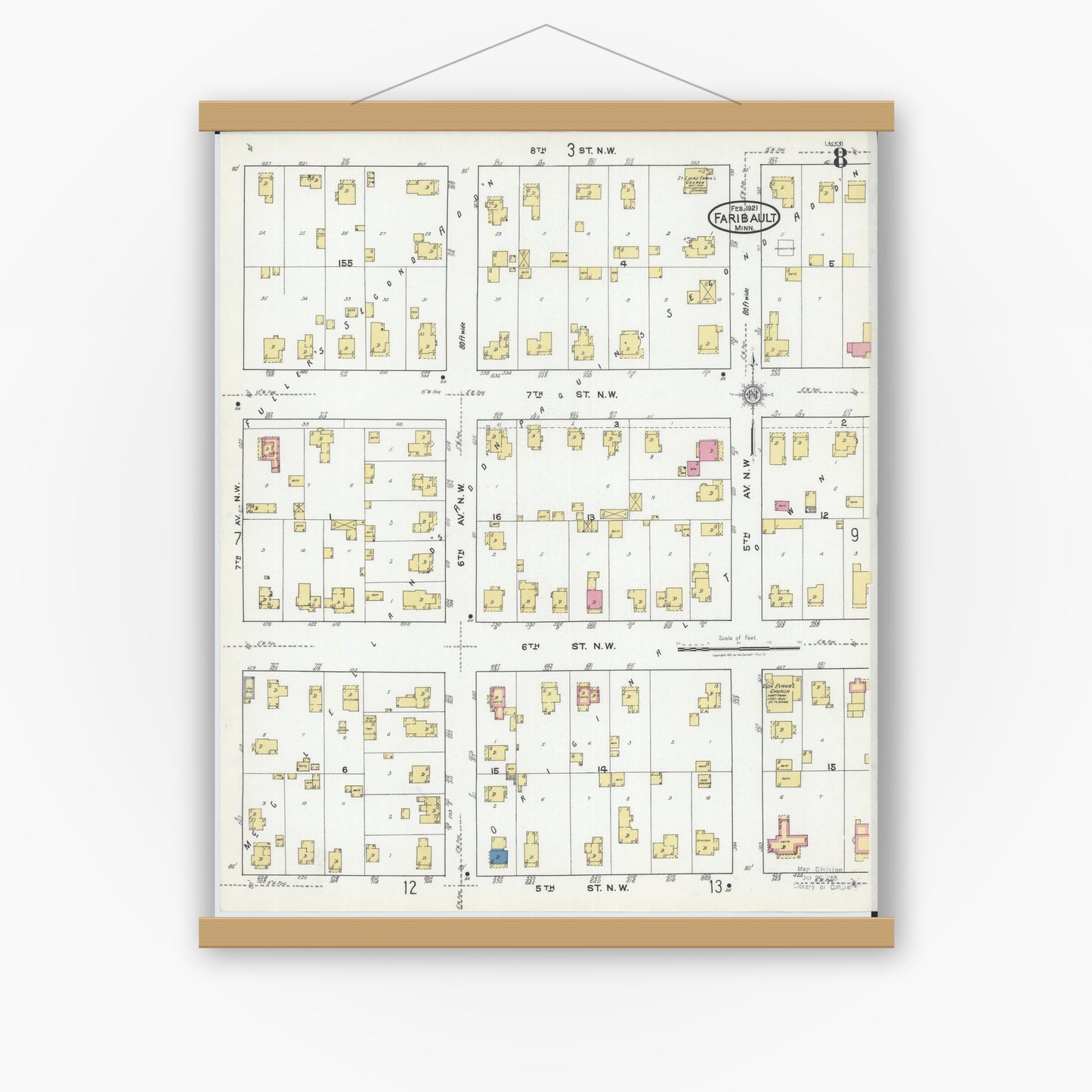 Old map wall art mockup — magnetic wood frame on white wall — Sanborn Fire Insurance Map from Faribault, Rice County, Minnesota (1921), Sheet #0008