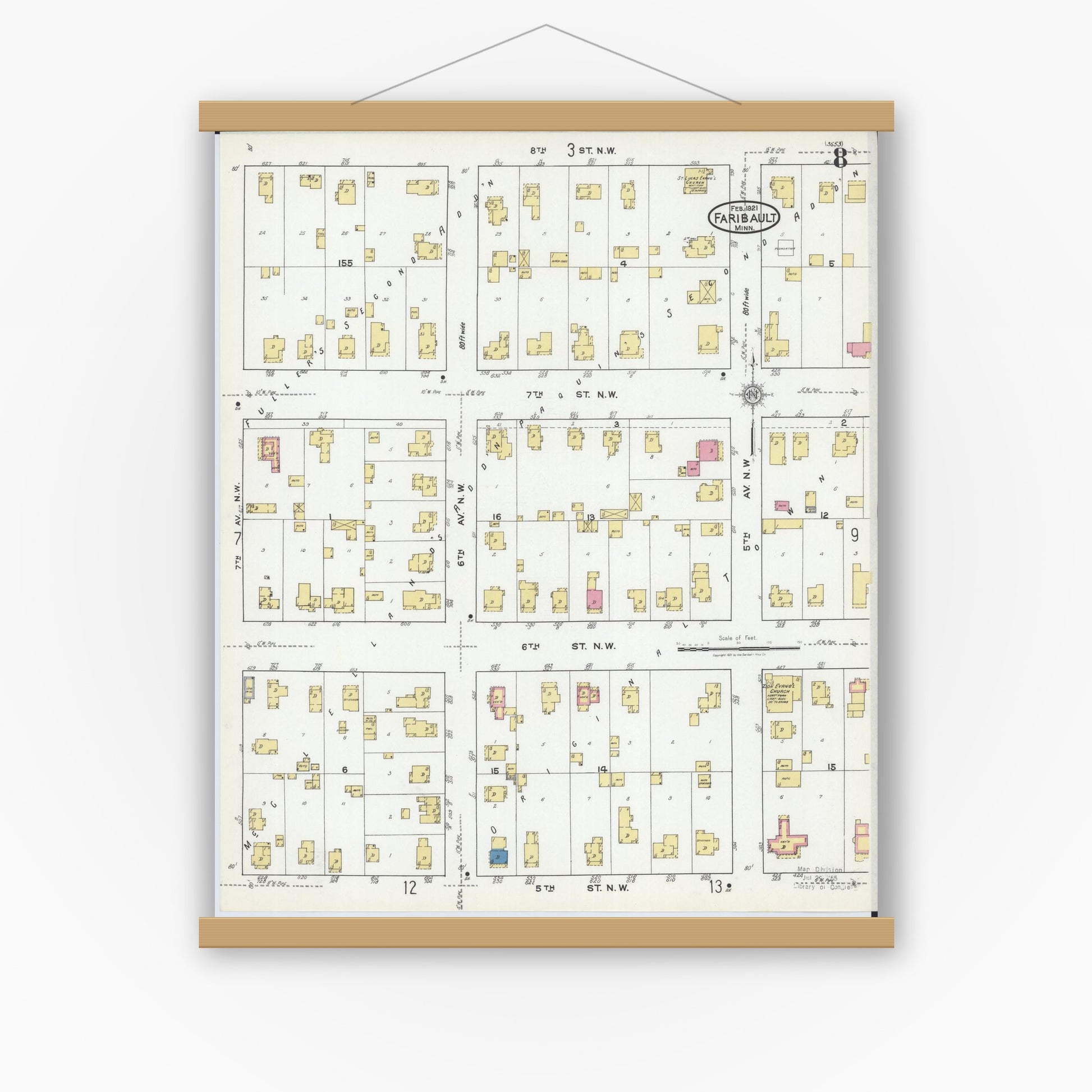 Old map wall art mockup — magnetic wood frame on white wall — Sanborn Fire Insurance Map from Faribault, Rice County, Minnesota (1921), Sheet #0008