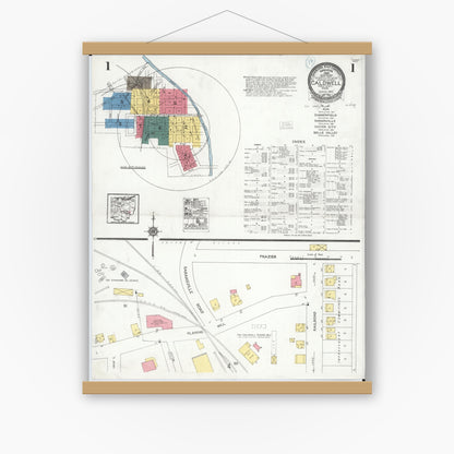 Old map wall art mockup — magnetic wood frame on white wall — Sanborn Fire Insurance Map from Caldwell, Noble County, Ohio (1923), Sheet #0001