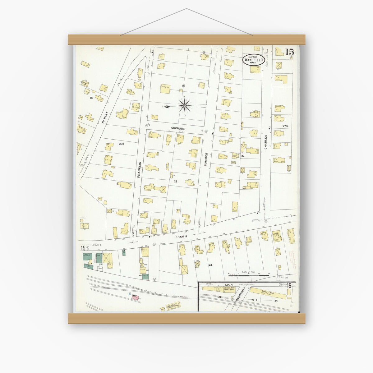 Old map wall art mockup — magnetic wood frame on white wall — Sanborn Fire Insurance Map from Wakefield, Middlesex County, Massachusetts (1909), Sheet #0015