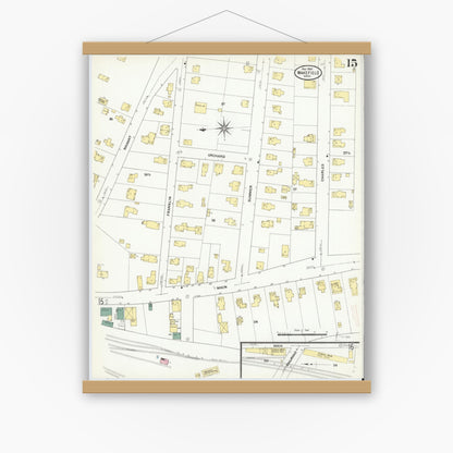 Old map wall art mockup — magnetic wood frame on white wall — Sanborn Fire Insurance Map from Wakefield, Middlesex County, Massachusetts (1909), Sheet #0015
