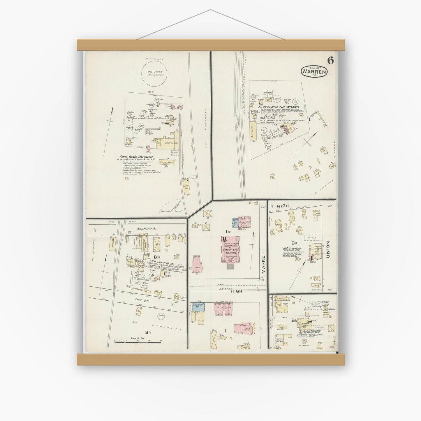 Old map wall art mockup — magnetic wood frame on white wall — Sanborn Fire Insurance Map from Warren, Warren County, Pennsylvania (1887), Sheet #0006