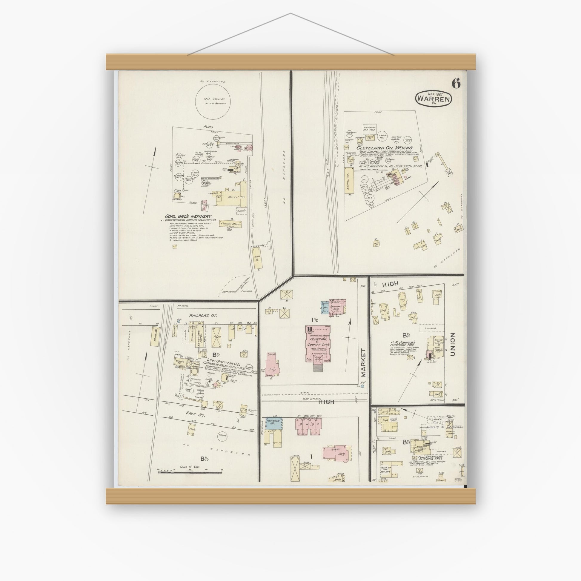 Old map wall art mockup — magnetic wood frame on white wall — Sanborn Fire Insurance Map from Warren, Warren County, Pennsylvania (1887), Sheet #0006
