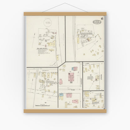 Old map wall art mockup — magnetic wood frame on white wall — Sanborn Fire Insurance Map from Warren, Warren County, Pennsylvania (1887), Sheet #0006