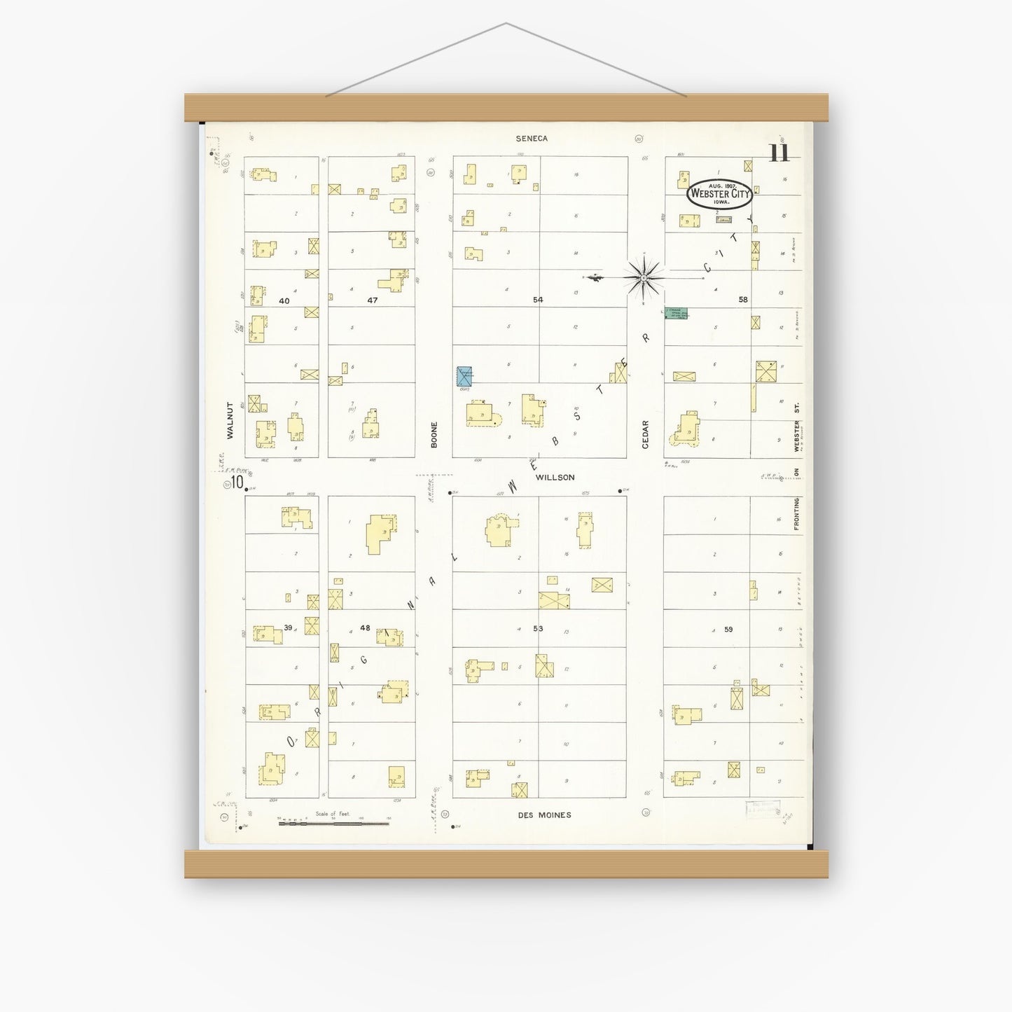 Old map wall art mockup — magnetic wood frame on white wall — Sanborn Fire Insurance Map from Webster City, Hamilton County, Iowa (1907), Sheet #0011