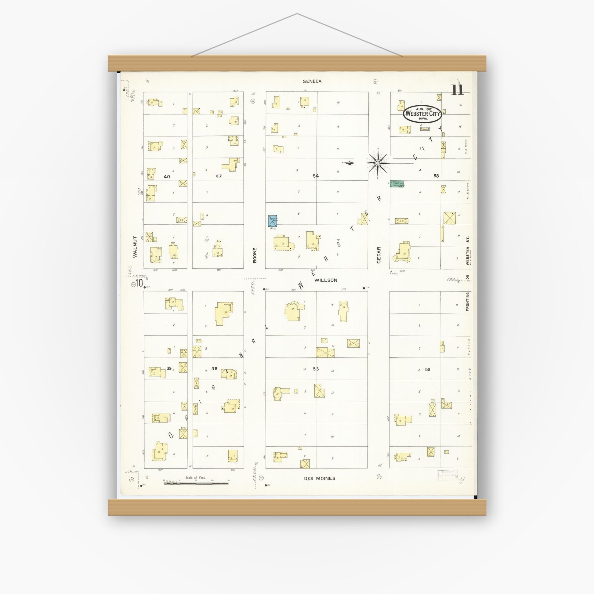 Old map wall art mockup — magnetic wood frame on white wall — Sanborn Fire Insurance Map from Webster City, Hamilton County, Iowa (1907), Sheet #0011