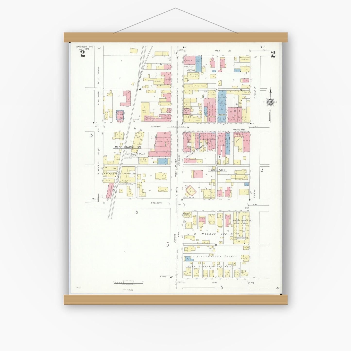 Old map wall art mockup — magnetic wood frame on white wall — Sanborn Fire Insurance Map from Harrison, Hamilton County, Ohio (1938), Sheet #0002