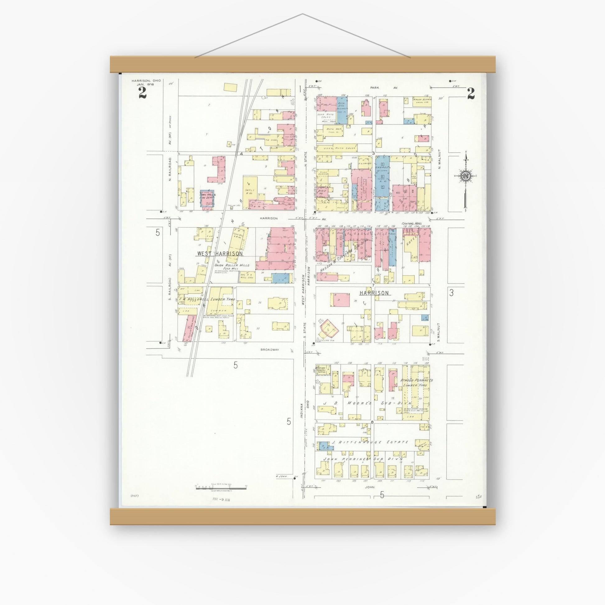 Old map wall art mockup — magnetic wood frame on white wall — Sanborn Fire Insurance Map from Harrison, Hamilton County, Ohio (1938), Sheet #0002