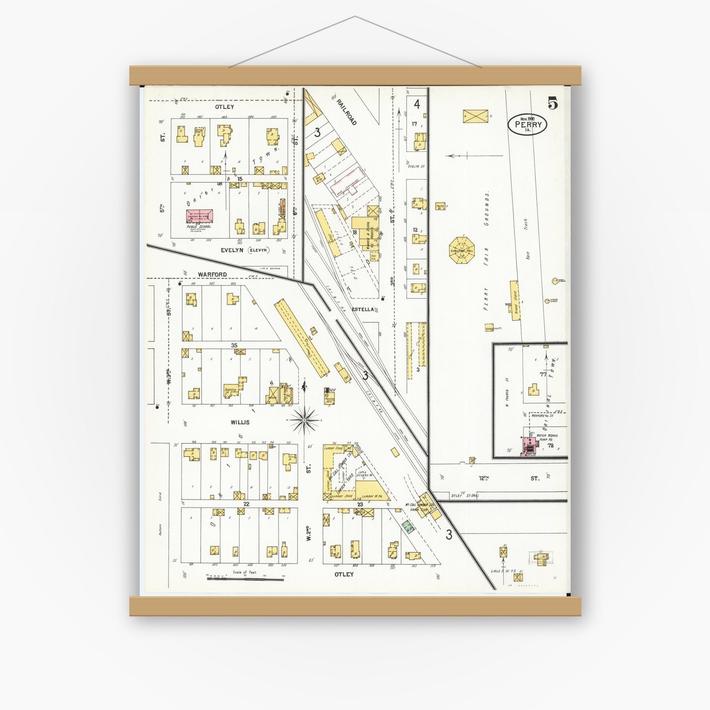 Old map wall art mockup — magnetic wood frame on white wall — Sanborn Fire Insurance Map from Perry, Dallas County, Iowa (1900), Sheet #0005