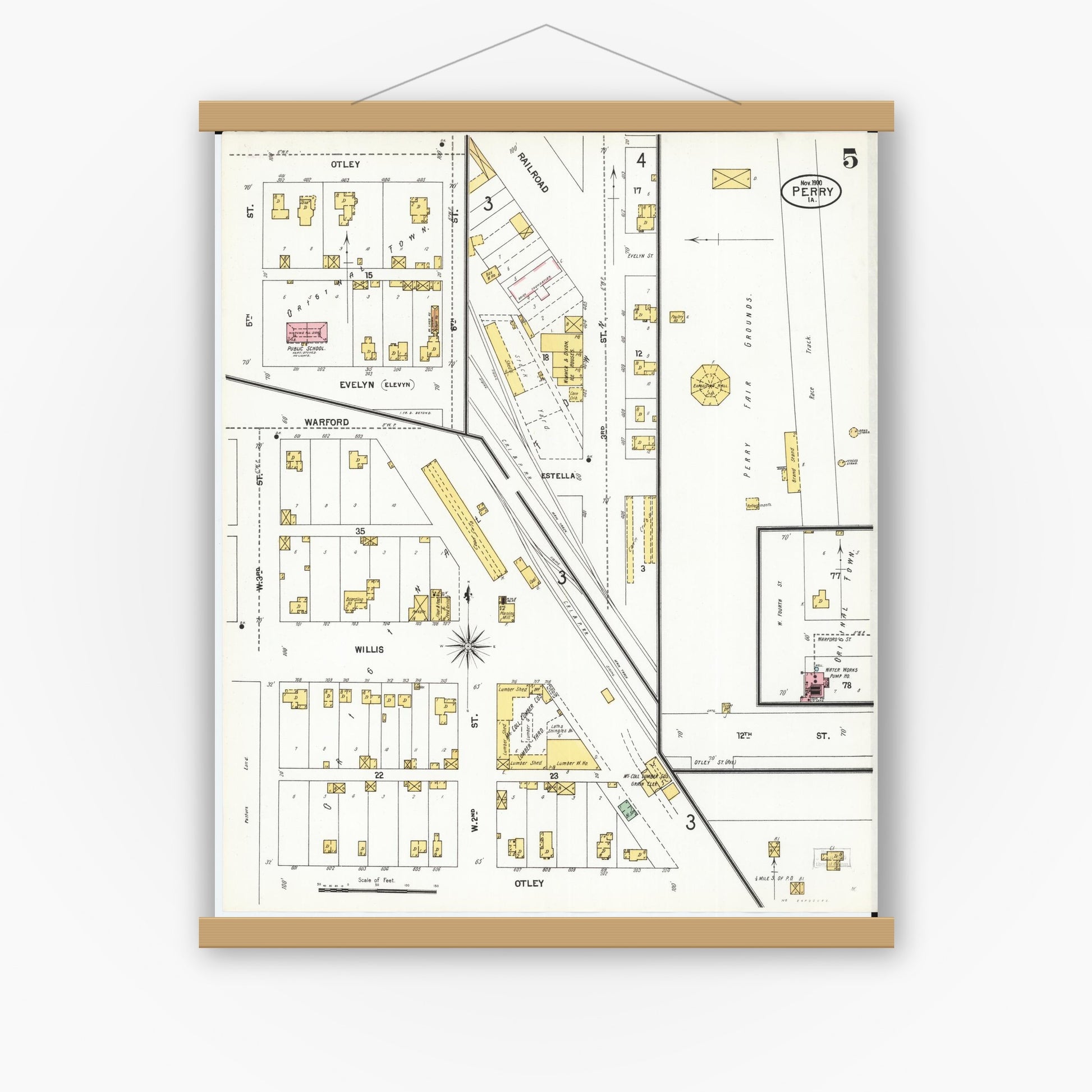 Old map wall art mockup — magnetic wood frame on white wall — Sanborn Fire Insurance Map from Perry, Dallas County, Iowa (1900), Sheet #0005
