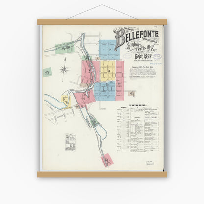 Old map wall art mockup — magnetic wood frame on white wall — Sanborn Fire Insurance Map from Bellefonte, Centre County, Pennsylvania (1897), Sheet #0001
