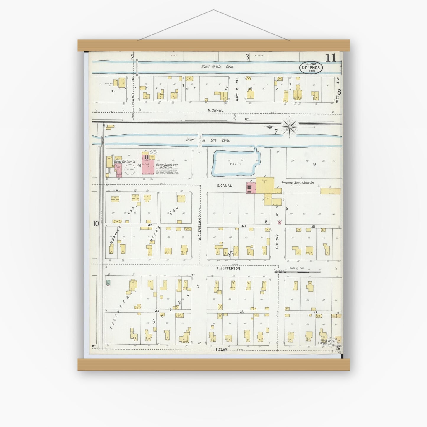 Old map wall art mockup — magnetic wood frame on white wall — Sanborn Fire Insurance Map from Delphos, Van Wert And Allen Counties, Ohio (1899), Sheet #0011