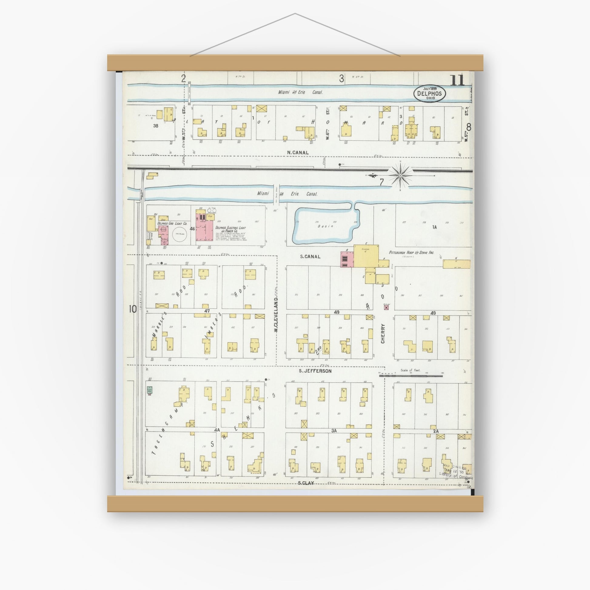 Old map wall art mockup — magnetic wood frame on white wall — Sanborn Fire Insurance Map from Delphos, Van Wert And Allen Counties, Ohio (1899), Sheet #0011