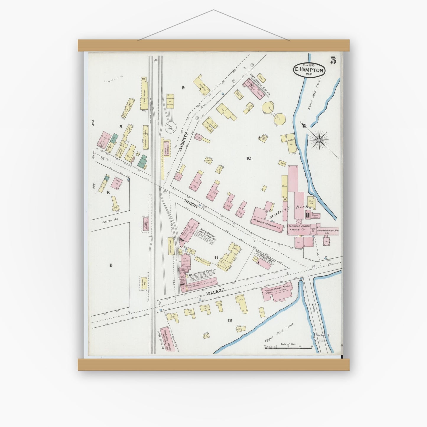 Old map wall art mockup — magnetic wood frame on white wall — Sanborn Fire Insurance Map from East Hampton, Hampshire County, Massachusetts (1889), Sheet #0005