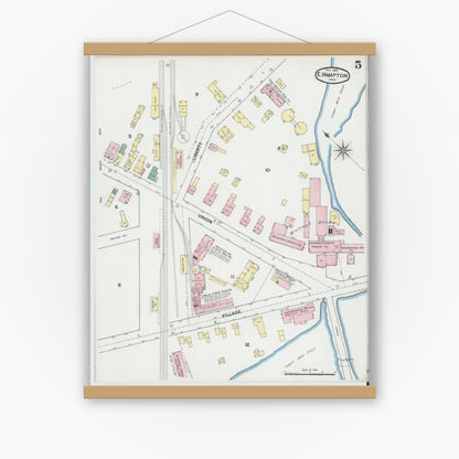 Old map wall art mockup — magnetic wood frame on white wall — Sanborn Fire Insurance Map from East Hampton, Hampshire County, Massachusetts (1889), Sheet #0005