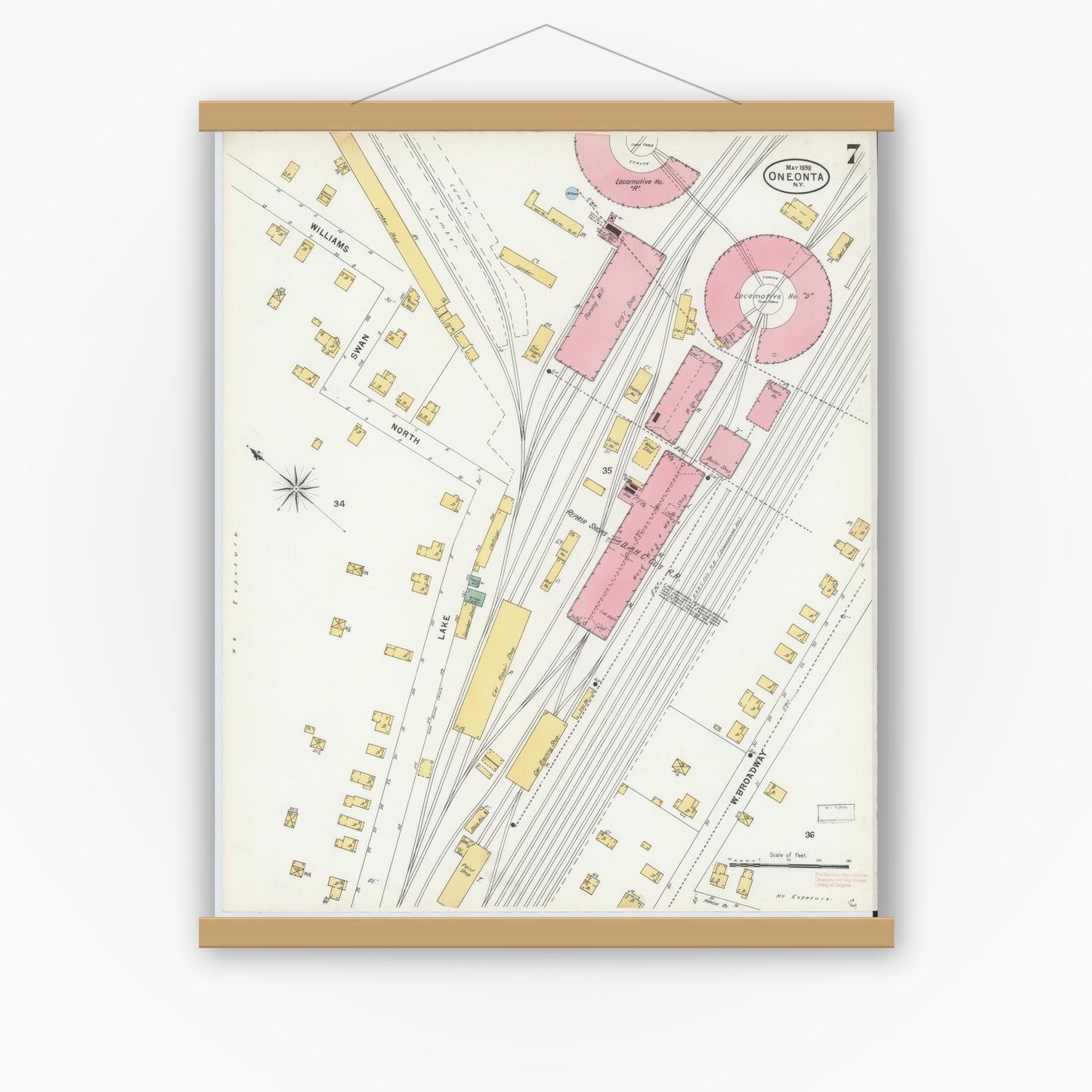 Old map wall art mockup — magnetic wood frame on white wall — Sanborn Fire Insurance Map from Oneonta, Otsego County, New York (1898), Sheet #0007