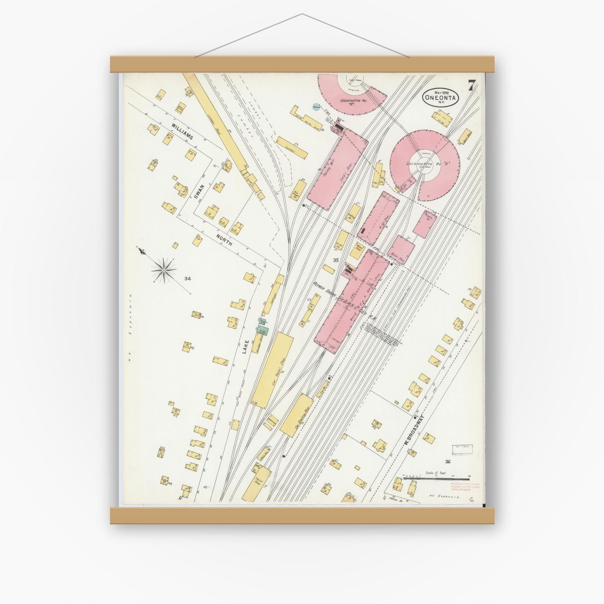 Old map wall art mockup — magnetic wood frame on white wall — Sanborn Fire Insurance Map from Oneonta, Otsego County, New York (1898), Sheet #0007