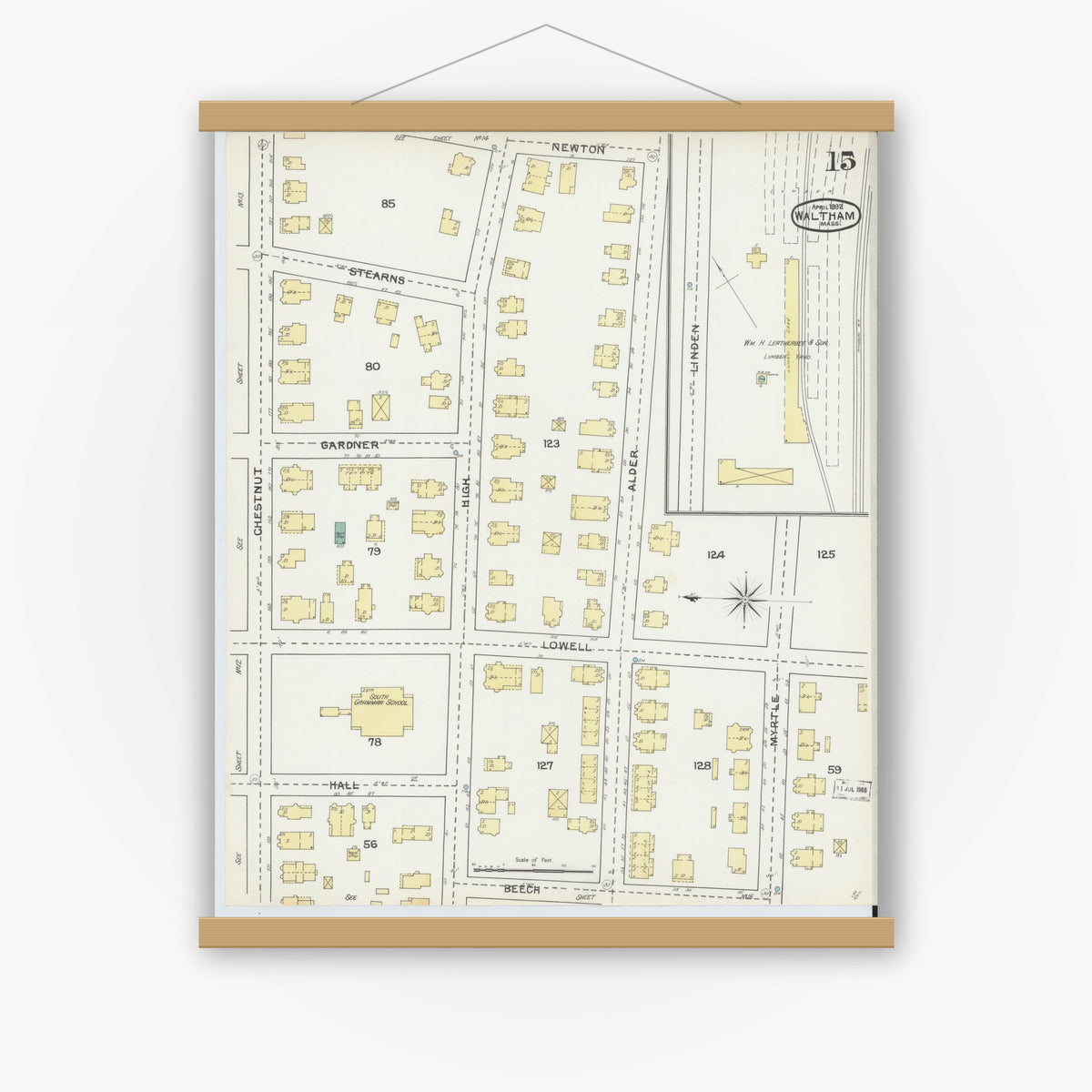 Old map wall art mockup — magnetic wood frame on white wall — Sanborn Fire Insurance Map from Waltham, Middlesex County, Massachusetts (1892), Sheet #0015