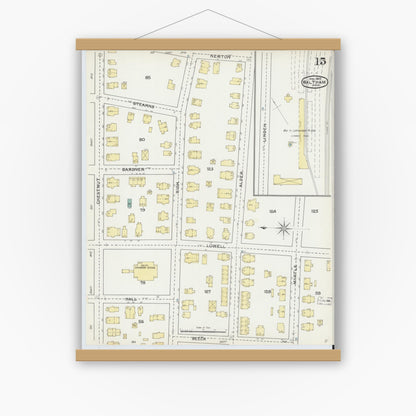 Old map wall art mockup — magnetic wood frame on white wall — Sanborn Fire Insurance Map from Waltham, Middlesex County, Massachusetts (1892), Sheet #0015