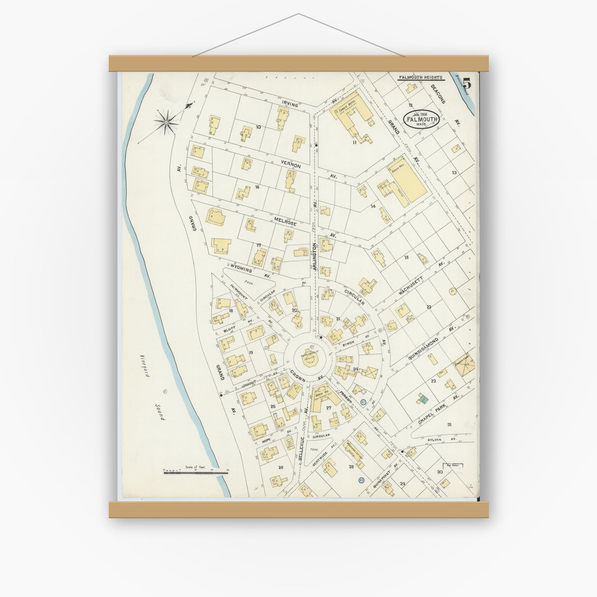 Old map wall art mockup — magnetic wood frame on white wall — Sanborn Fire Insurance Map from Falmouth, Barnstable County, Massachusetts (1906), Sheet #0005