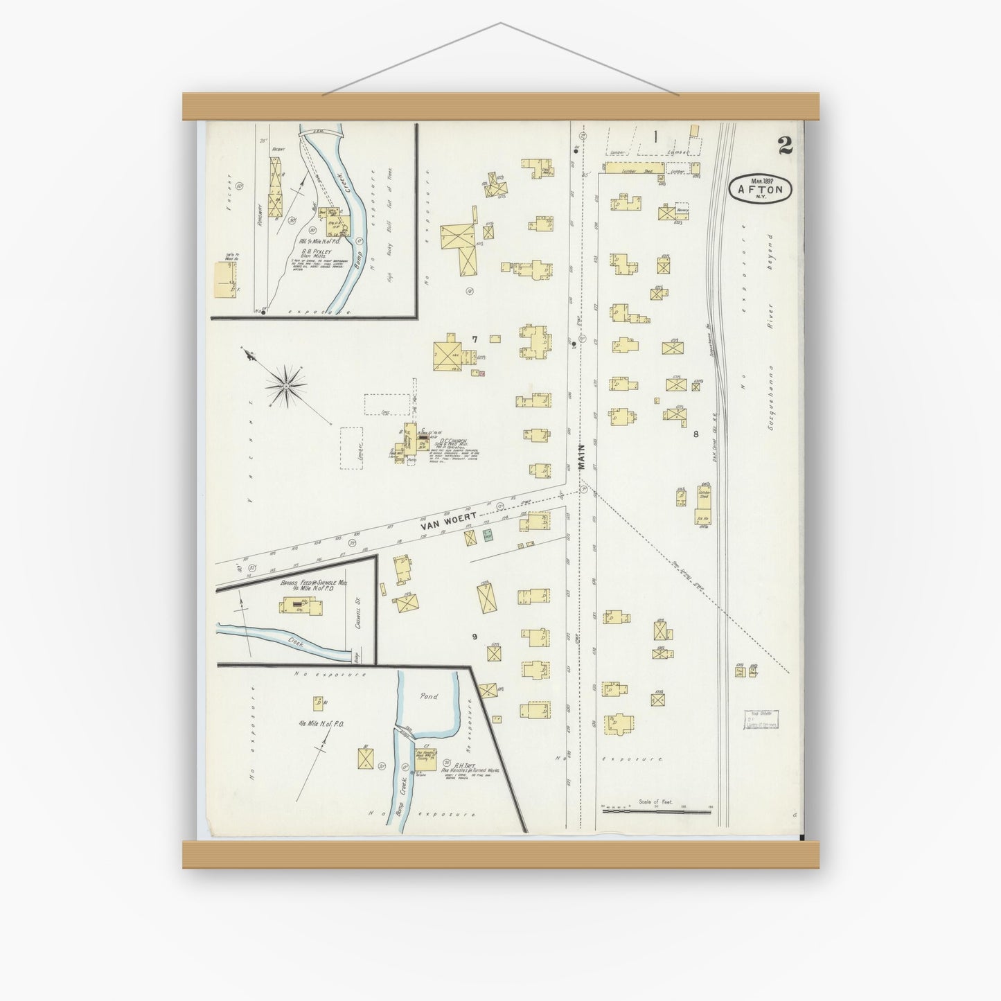 Old map wall art mockup — magnetic wood frame on white wall — Sanborn Fire Insurance Map from Afton, Chenango County, New York (1897), Sheet #0002