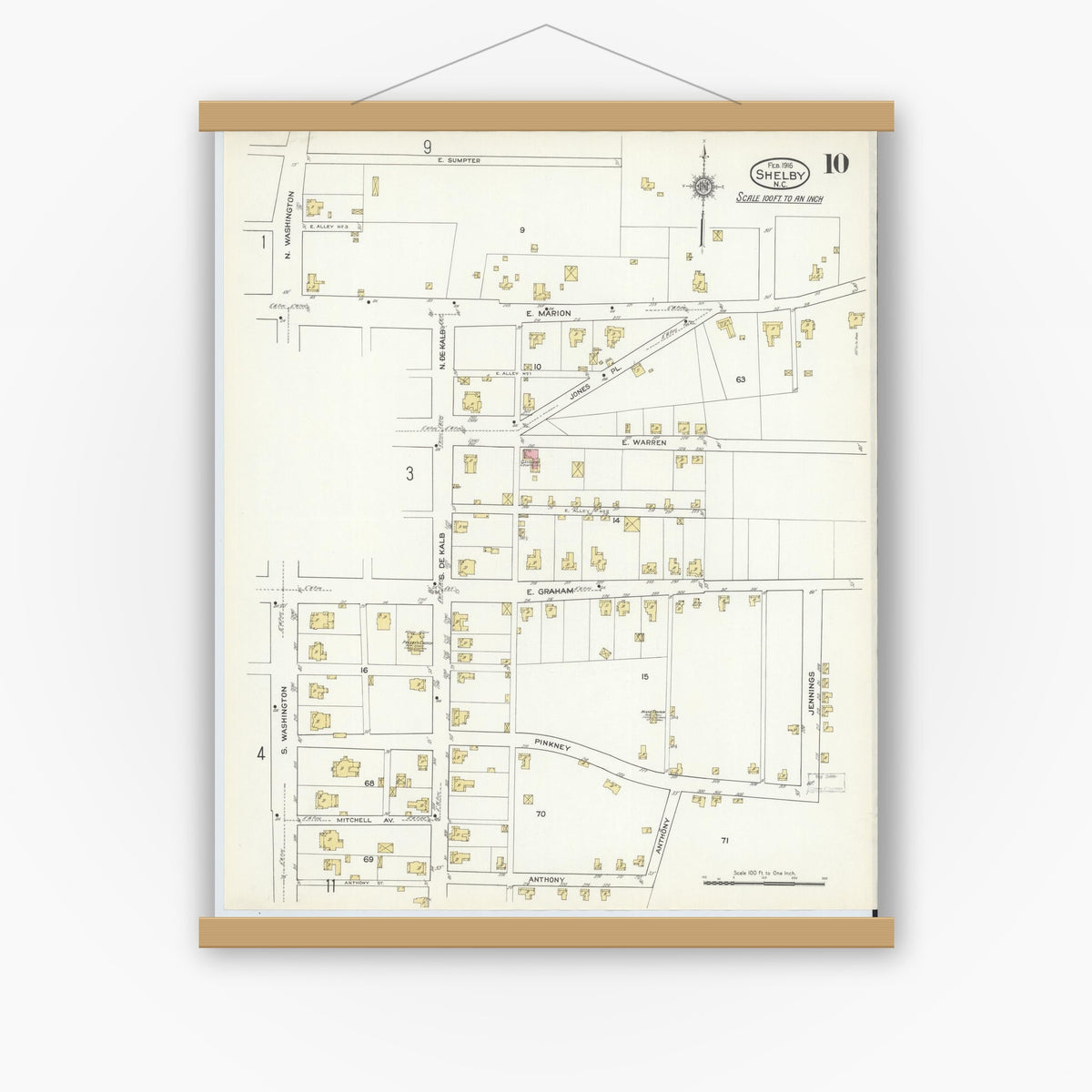 Old map wall art mockup — magnetic wood frame on white wall — Sanborn Fire Insurance Map from Shelby, Cleveland County, North Carolina (1916), Sheet #0010