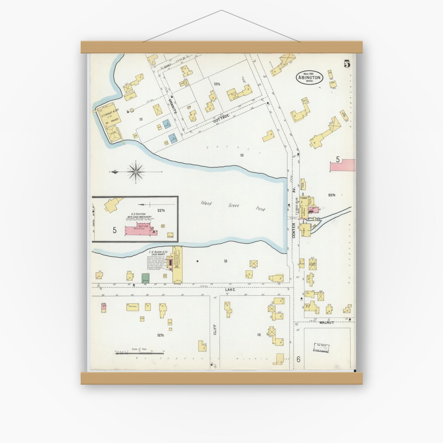 Old map wall art mockup — magnetic wood frame on white wall — Sanborn Fire Insurance Map from Abington, Plymouth County, Massachusetts (1901), Sheet #0005