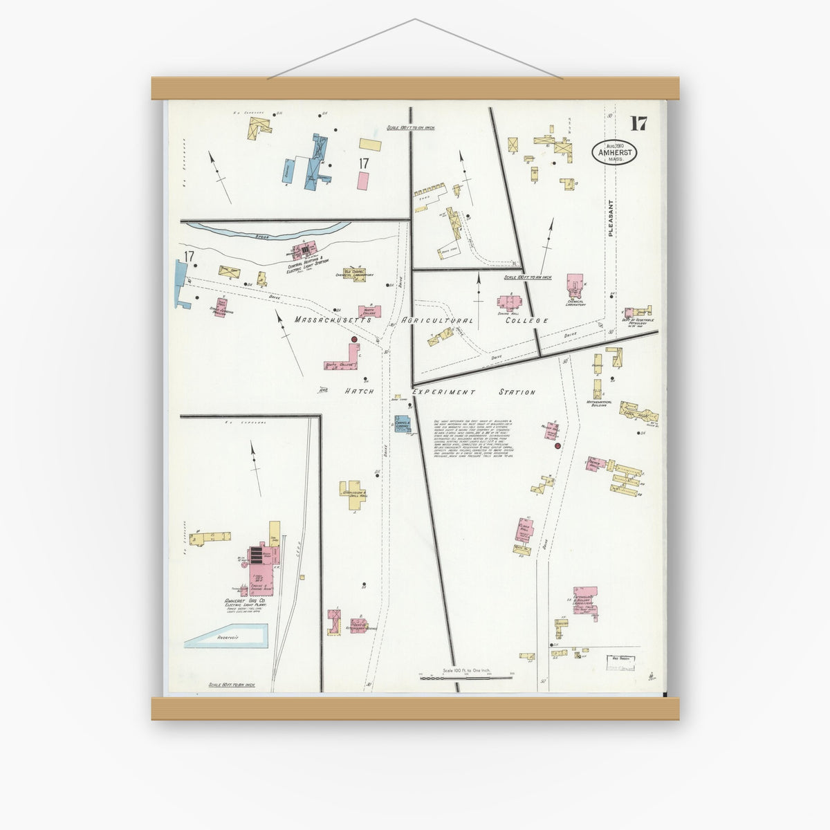 Old map wall art mockup — magnetic wood frame on white wall — Sanborn Fire Insurance Map from Amherst, Hampshire County, Massachusetts (1910), Sheet #0017