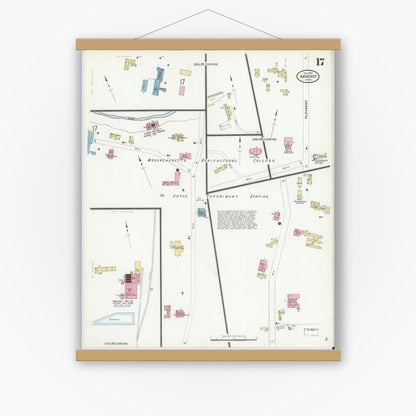 Old map wall art mockup — magnetic wood frame on white wall — Sanborn Fire Insurance Map from Amherst, Hampshire County, Massachusetts (1910), Sheet #0017