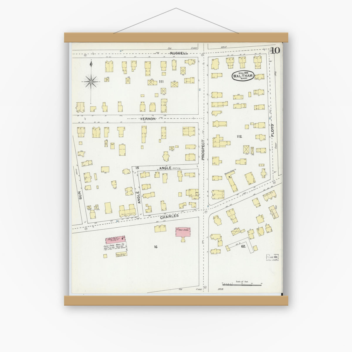 Old map wall art mockup — magnetic wood frame on white wall — Sanborn Fire Insurance Map from Waltham, Middlesex County, Massachusetts (1892), Sheet #0010