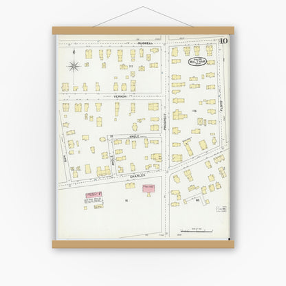 Old map wall art mockup — magnetic wood frame on white wall — Sanborn Fire Insurance Map from Waltham, Middlesex County, Massachusetts (1892), Sheet #0010