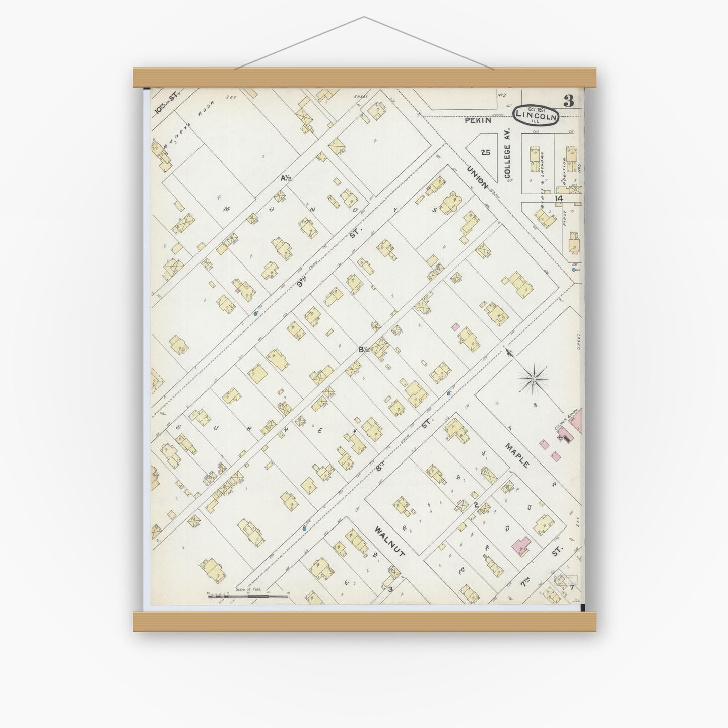 Old map wall art mockup — magnetic wood frame on white wall — Sanborn Fire Insurance Map from Lincoln, Logan County, Illinois (1891), Sheet #0003