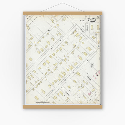 Old map wall art mockup — magnetic wood frame on white wall — Sanborn Fire Insurance Map from Lincoln, Logan County, Illinois (1891), Sheet #0003