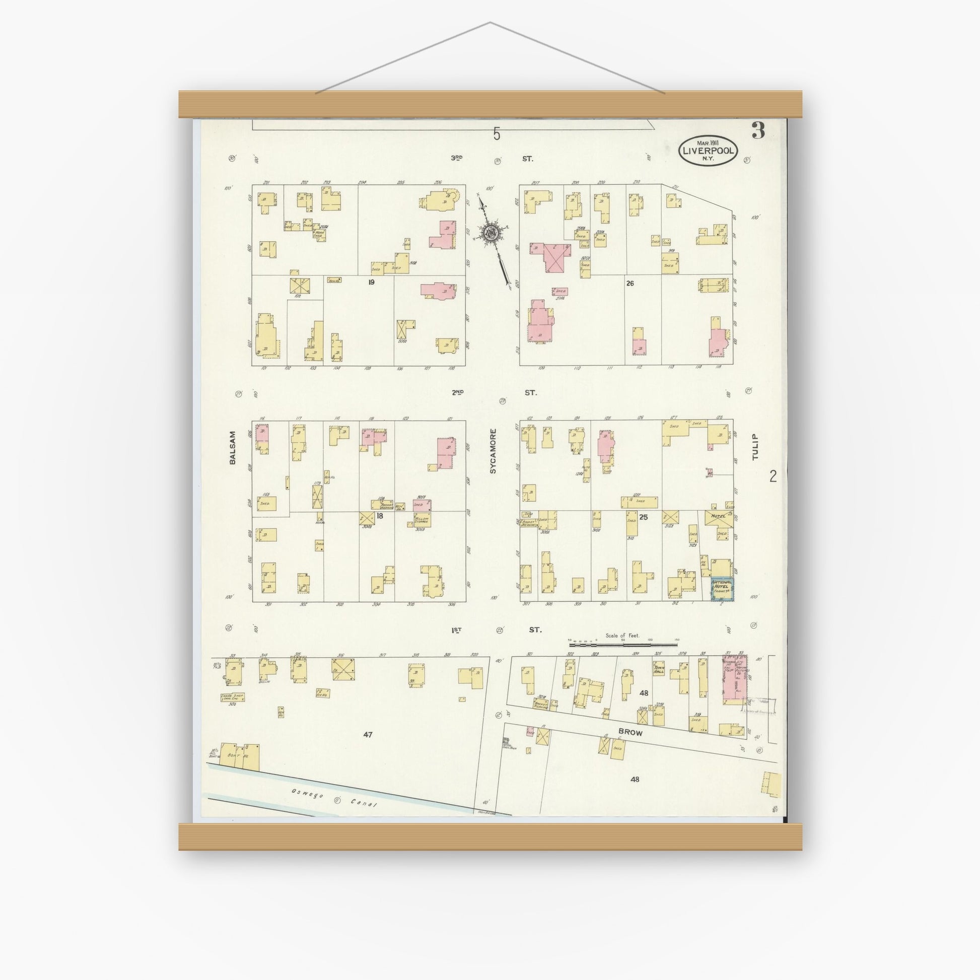 Old map wall art mockup — magnetic wood frame on white wall — Sanborn Fire Insurance Map from Liverpool, Onondaga County, New York (1911), Sheet #0003