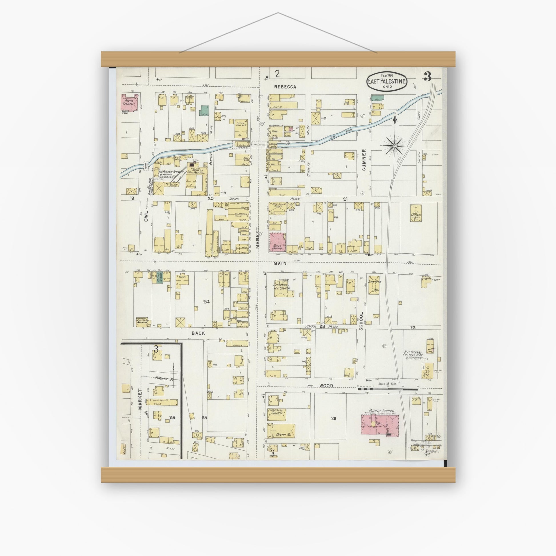 Old map wall art mockup — magnetic wood frame on white wall — Sanborn Fire Insurance Map from East Palestine, Columbiana County, Ohio (1896), Sheet #0003