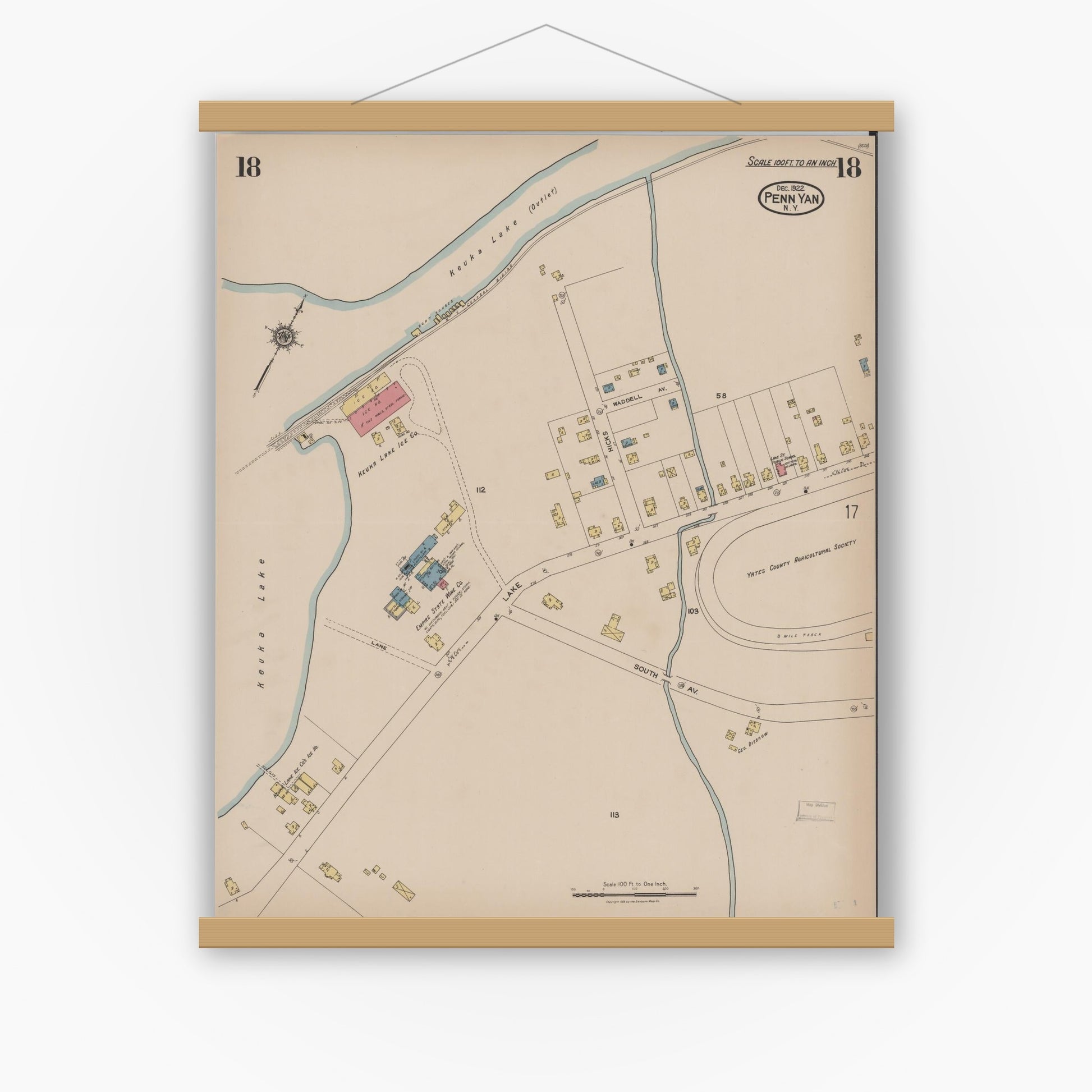 Old map wall art mockup — magnetic wood frame on white wall — Sanborn Fire Insurance Map from Penn Yan, Yates County, New York (1922), Sheet #0018