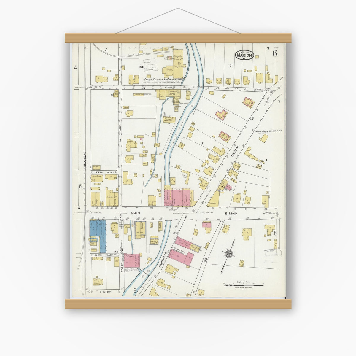 Old map wall art mockup — magnetic wood frame on white wall — Sanborn Fire Insurance Map from Marion, Smyth County, Virginia (1921), Sheet #0006