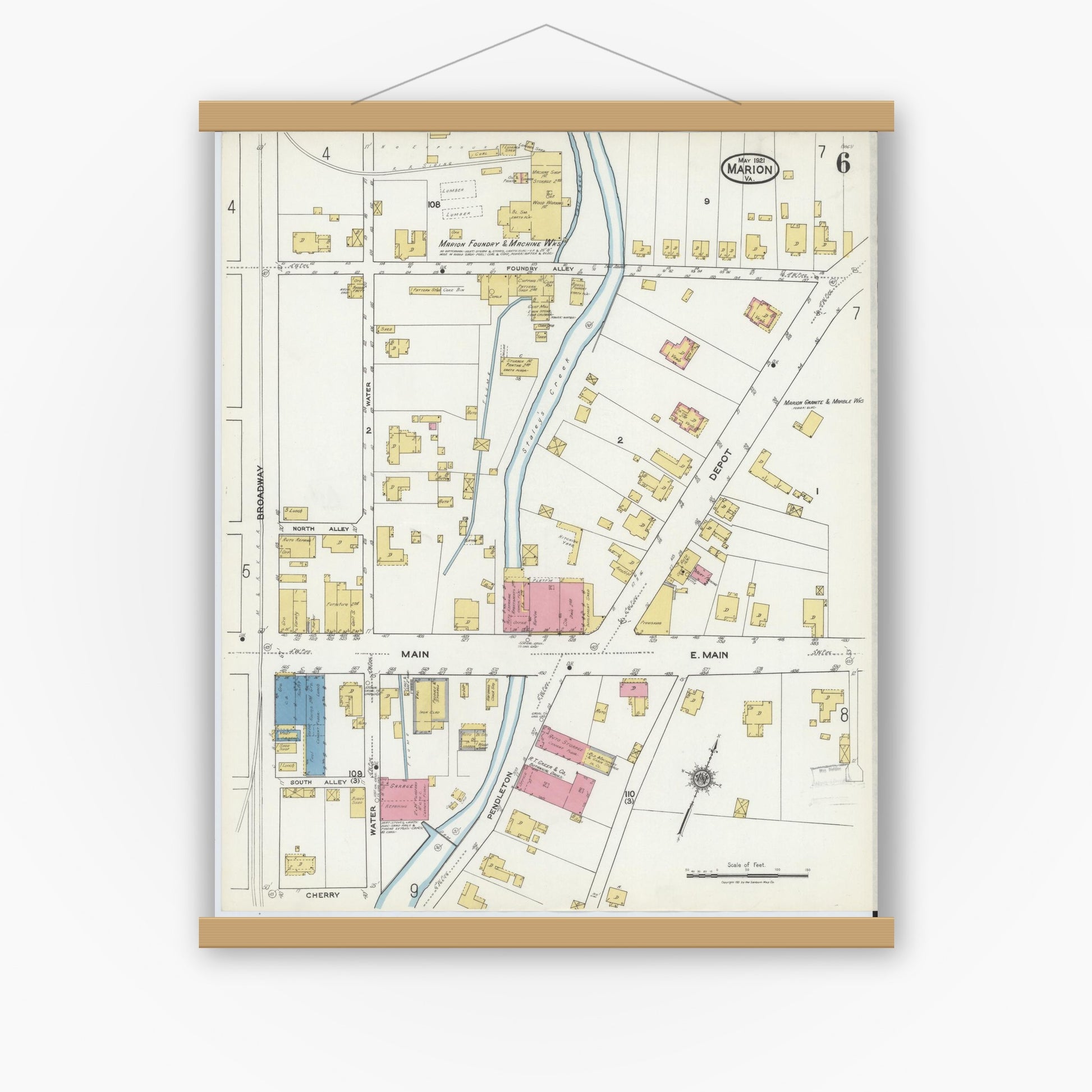 Old map wall art mockup — magnetic wood frame on white wall — Sanborn Fire Insurance Map from Marion, Smyth County, Virginia (1921), Sheet #0006