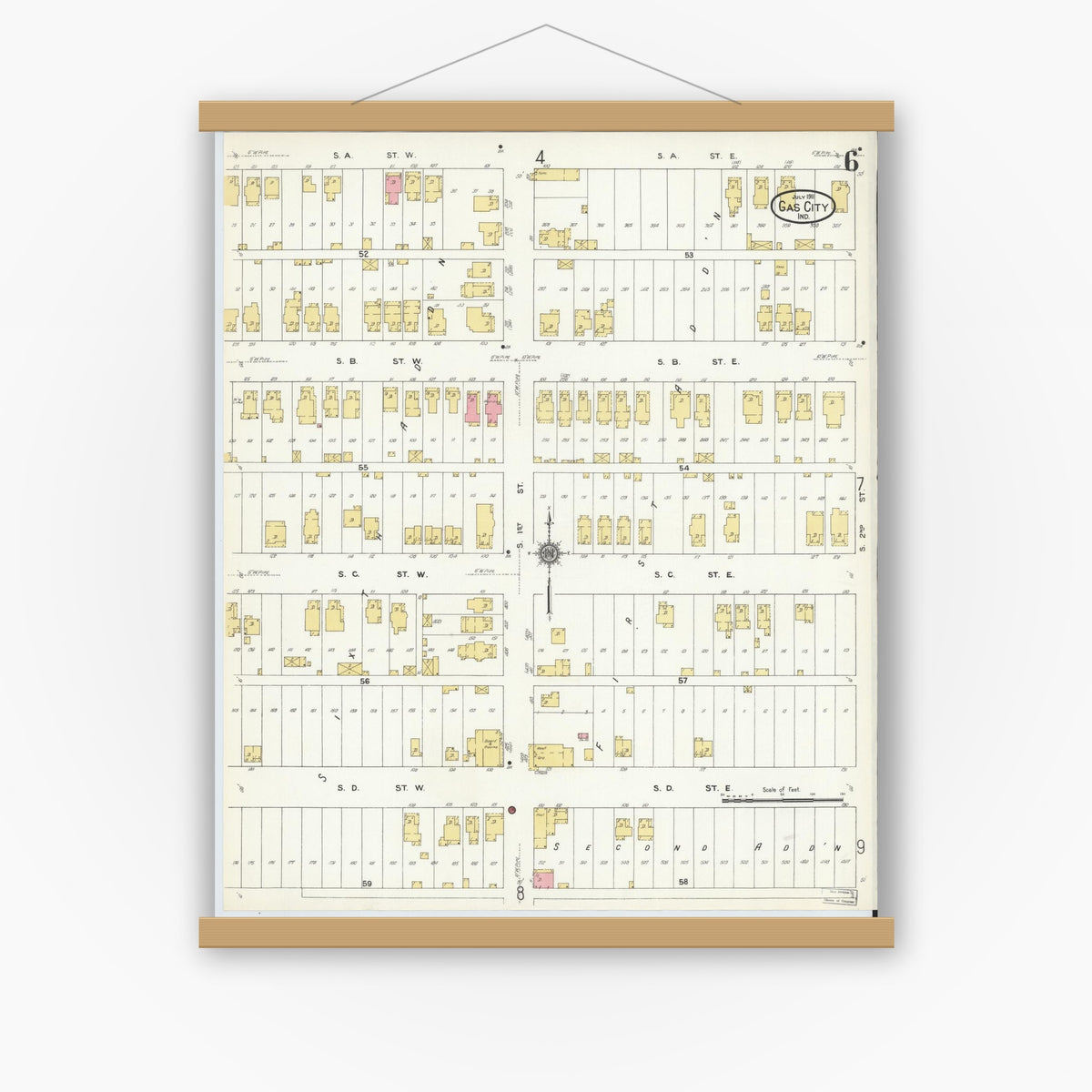 Old map wall art mockup — magnetic wood frame on white wall — Sanborn Fire Insurance Map from Gas City, Grant County, Indiana (1911), Sheet #0006