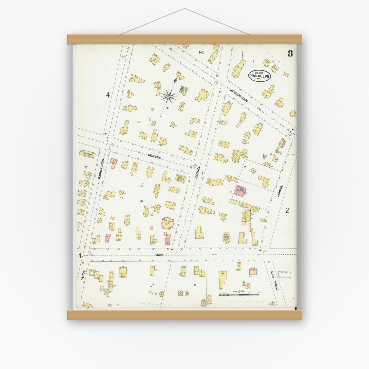 Old map wall art mockup — magnetic wood frame on white wall — Sanborn Fire Insurance Map from Randolph, Cattaraugus County, New York (1902), Sheet #0003