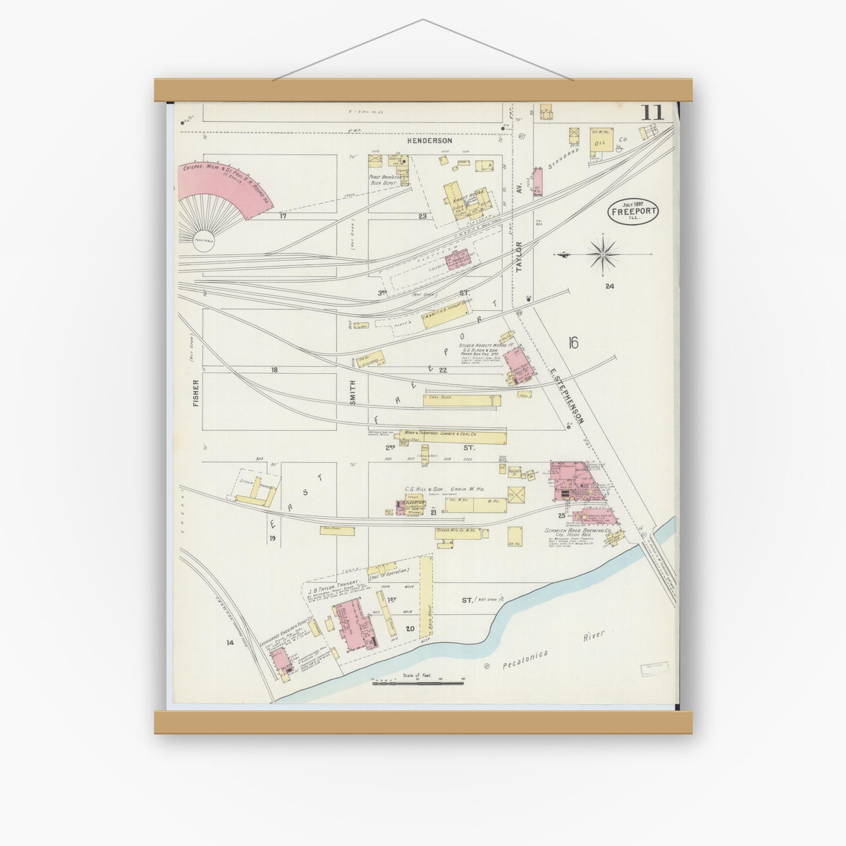 Old map wall art mockup — magnetic wood frame on white wall — Sanborn Fire Insurance Map from Freeport, Stephenson County, Illinois (1897), Sheet #0011