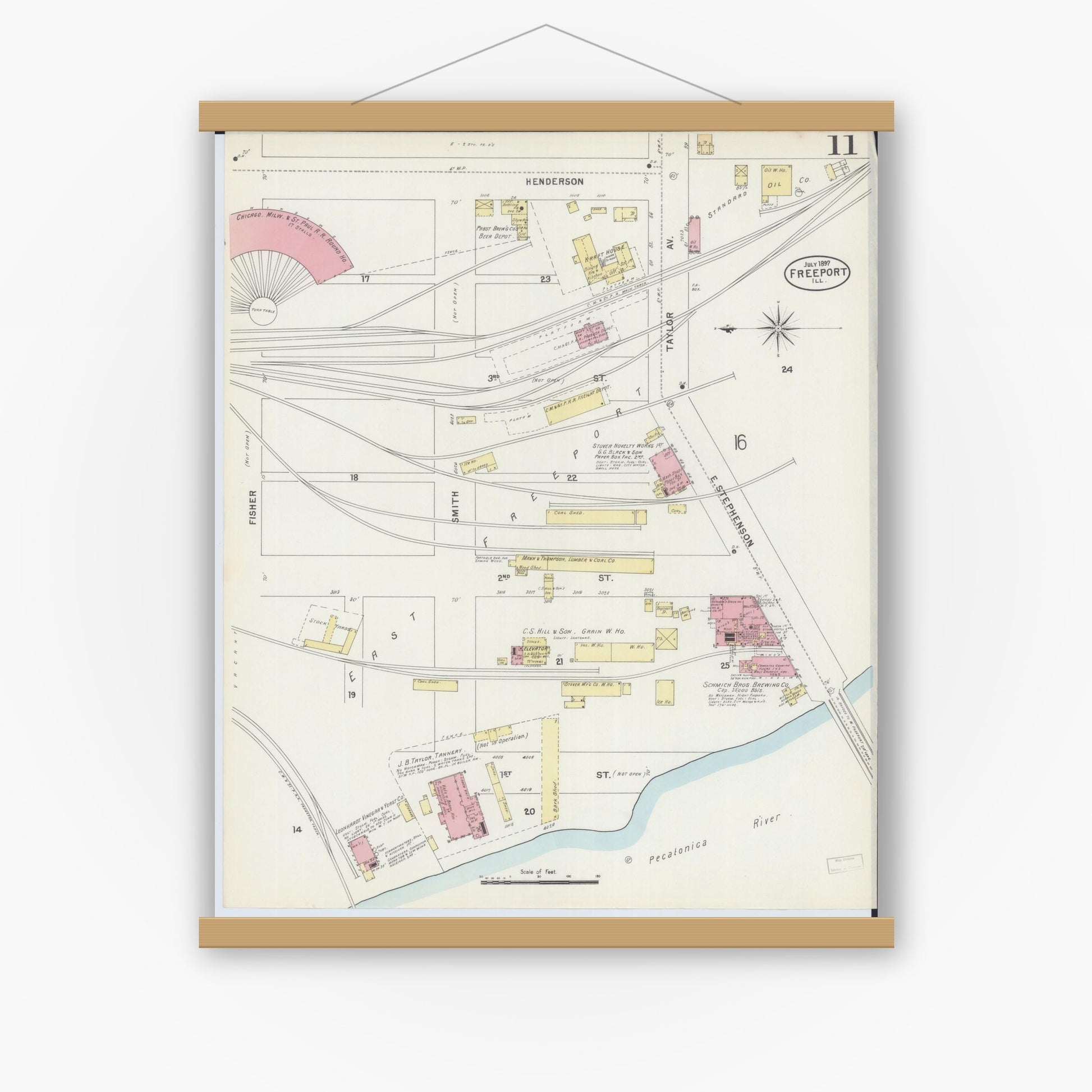 Old map wall art mockup — magnetic wood frame on white wall — Sanborn Fire Insurance Map from Freeport, Stephenson County, Illinois (1897), Sheet #0011