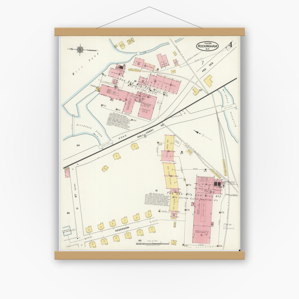 Old map wall art mockup — magnetic wood frame on white wall — Sanborn Fire Insurance Map from Rockingham, Richmond County, North Carolina (1918), Sheet #0004